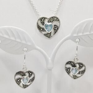 Silver Plated Heart Necklace & Earrings, Light Blue Rhinestones, Vintage Gift
